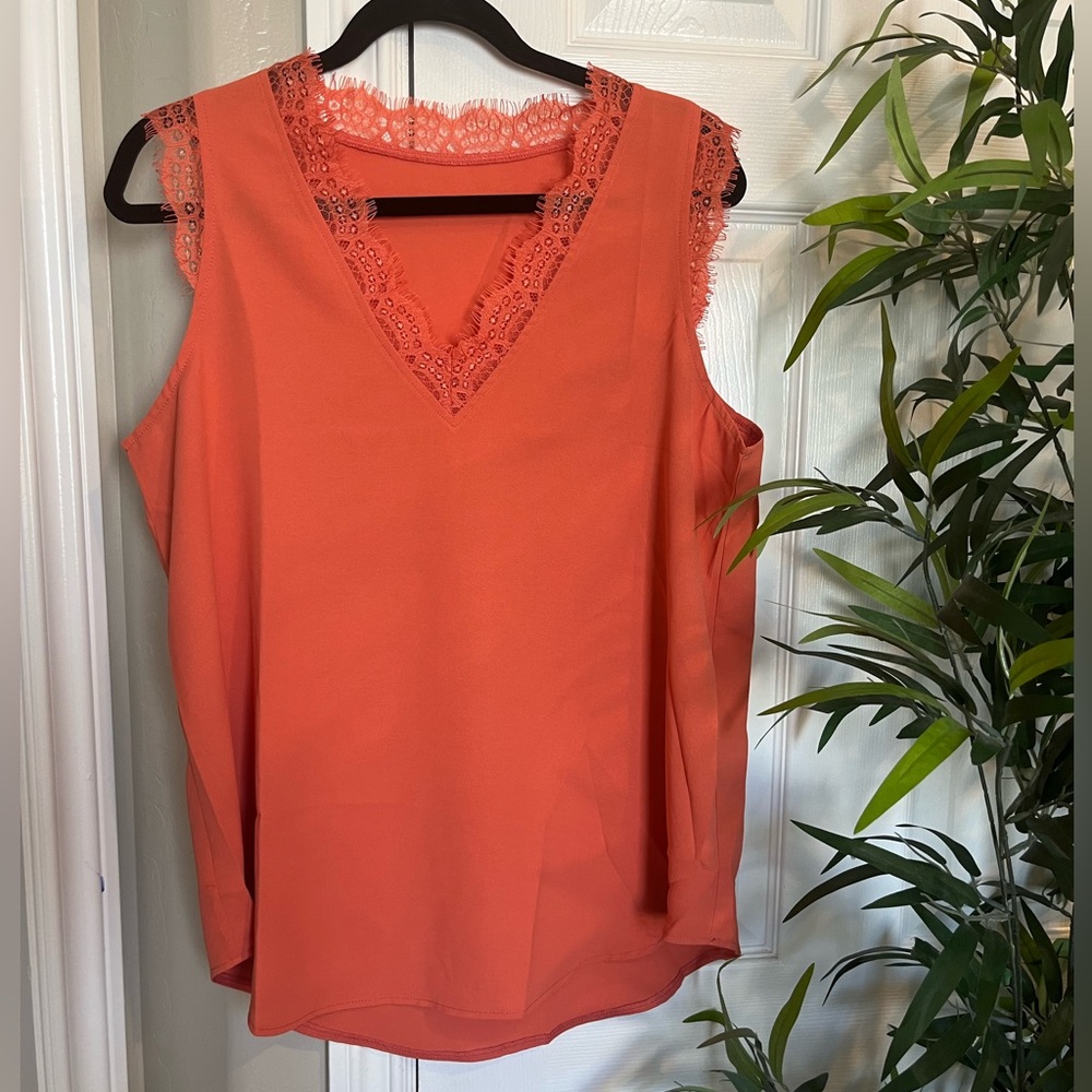 NWOT Sleeveless v-neck blouse with lace details